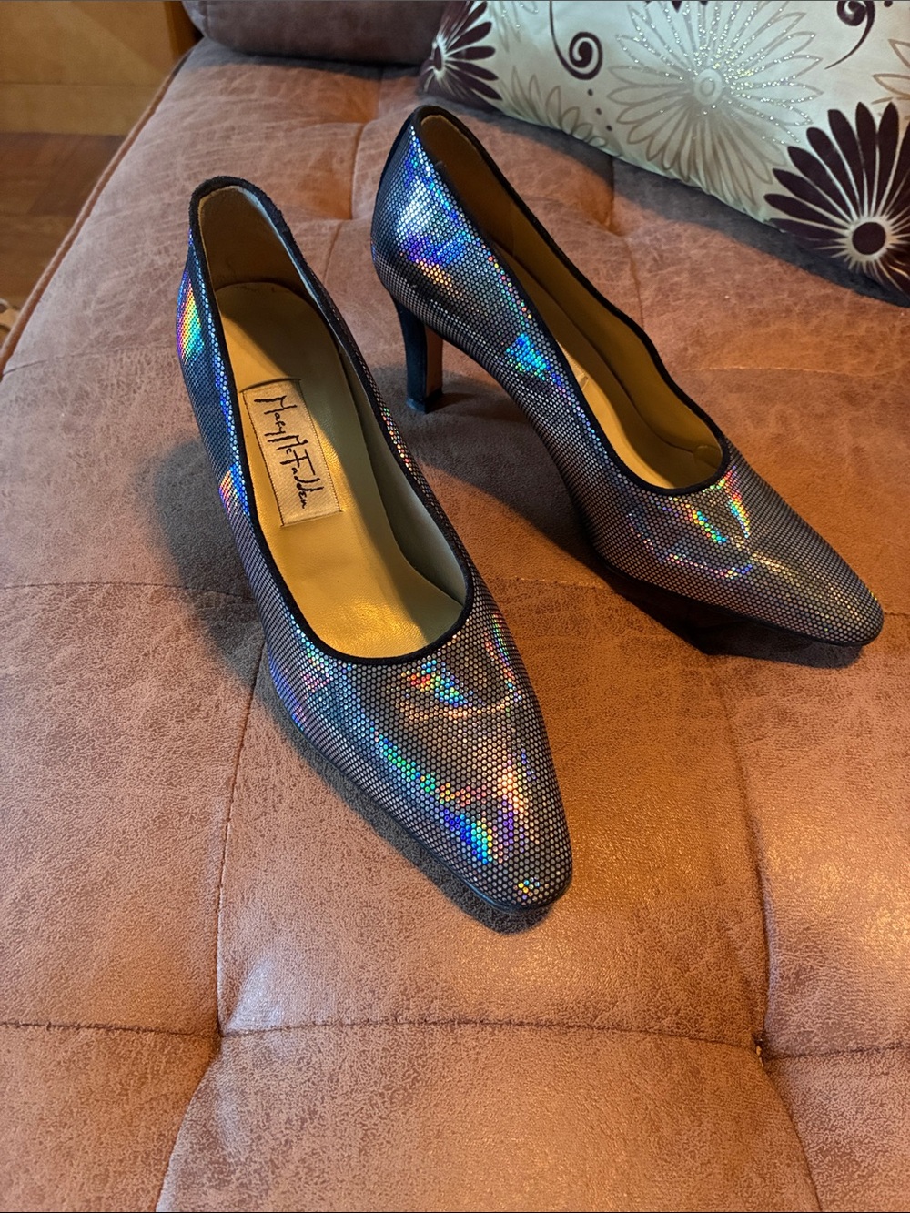 Mary McFadden Holographic Iridescent Pointed-Toe Pumps